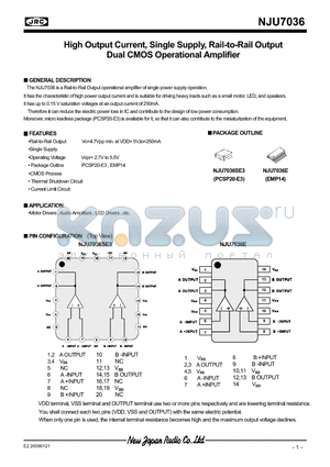 NJU7036 datasheet - High Output Current, Single Supply, Rail-to-Rail Output Dual CMOS Operational Amplifier