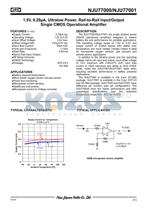 NJU77000 datasheet - 1.5V, 0.29lA, Ultralow Power, Rail-to-Rail Input/Output Single CMOS Operational Amplifier