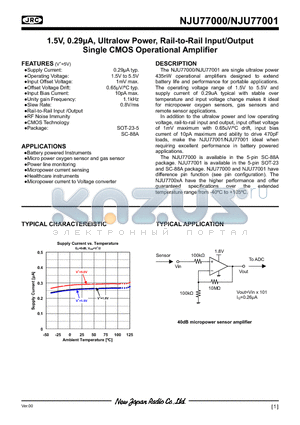 NJU77001 datasheet - 1.5V, 0.29lA, Ultralow Power, Rail-to-Rail Input/Output Single CMOS Operational Amplifier