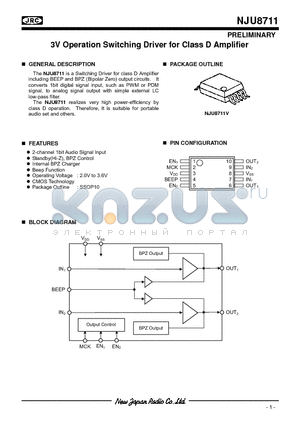 NJU8711V datasheet - 3V Operation Switching Driver for Class D Amplifier