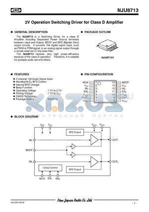 NJU8713V datasheet - 2V Operation Switching Driver for Class D Amplifier