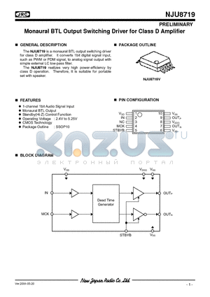 NJU8719V datasheet - Monaural BTL Output Switching Driver for Class D Amplifier