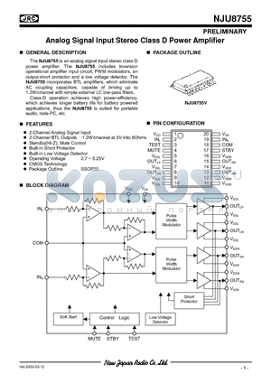 NJU8755V datasheet - Analog Signal Input Stereo Class D Power Amplifier