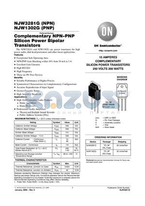 NJW3281G datasheet - Complementary NPN-PNP Silicon Power Bipolar Transistors