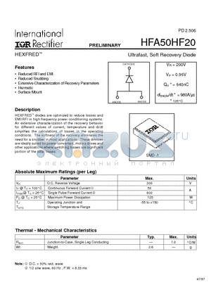 HFA50HF20 datasheet - Ultrafast, Soft Recovery Diode