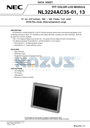 NL3224AC35-13 datasheet - 14 cm 5.5 inches, 320  x 240 Pixels, Full color NTSC/PAL mode, Wide temperature range