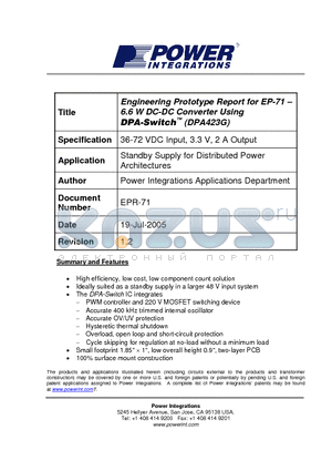 EPR-71 datasheet - Engineering Prototype Report for EP 71 - 6.6 W DC-DC Converter Using DPA Switch- (DPA423G)