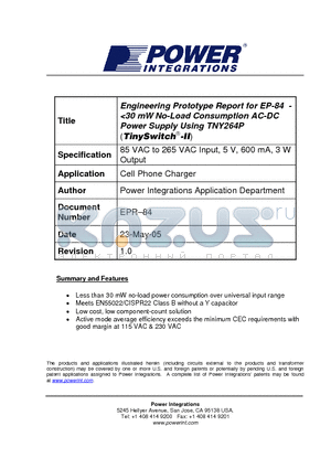 EPR-84 datasheet - Engineering Prototype Report for EP-84 - <30 mW No-Load Consumption AC-DC Power Supply Using TNY264P
