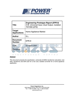 EPR-9 datasheet - Engineering Prototype Report 5 W, Universal Input, Dual Output, Isolated, TNY266 (EP9)