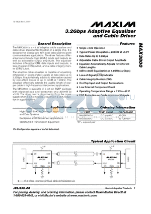 MAX3800UGJ datasheet - 3.2Gbps Adaptive Equalizer and Cable Driver