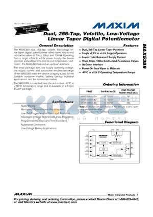 MAX5389MAUD+ datasheet - Dual, 256-Tap, Volatile, Low-Voltage Linear Taper Digital Potentiometer