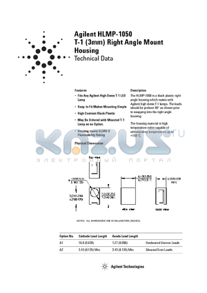 HLMP-1050 datasheet - T-1 (3mm) Right Angle Mount Housing