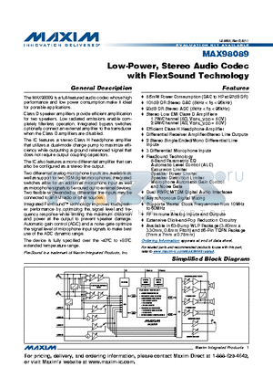 MAX98089 datasheet - Low-Power, Stereo Audio Codec with FlexSound Technology 93dB DR Stereo ADC