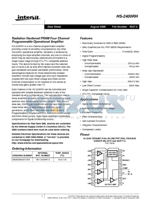 HS1-2400RH-Q datasheet - Radiation Hardened PRAM Four Channel Programmable Operational Amplifier