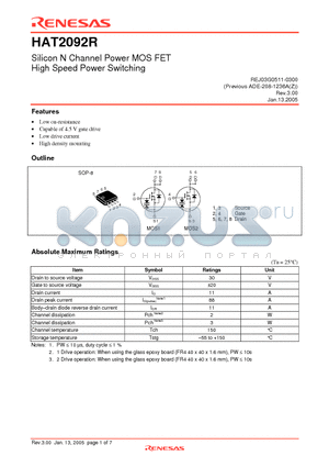 HAT2092RJ-EL-E datasheet - Silicon N Channel Power MOS FET High Speed Power Switching