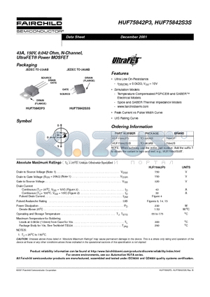 HUF75842S3S datasheet - 43A, 150V, 0.042 Ohm, N-Channel, UltraFET Power MOSFET