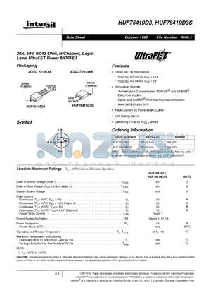 HUF76419D3 datasheet - 20A, 60V, 0.043 Ohm, N-Channel, Logic Level UltraFET Power MOSFET