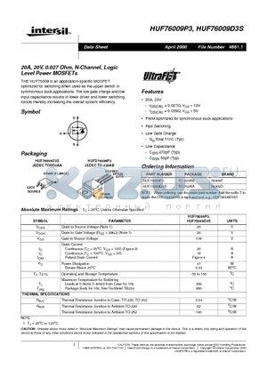 HUF76009D3S datasheet - 20A, 20V, 0.027 Ohm, N-Channel, Logic Level Power MOSFETs