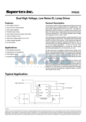 HV832X datasheet - Dual High Voltage, Low Noise EL Lamp Driver