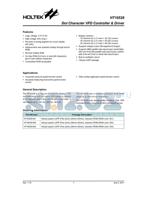 HT16528-003 datasheet - Dot Character VFD Controller & Driver