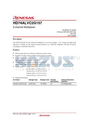 HD74ALVC2G157 datasheet - 2-channel Multiplexer