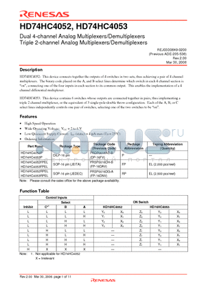 HD74HC4052P datasheet - Dual 4-channel Analog Multiplexers/Demultiplexers