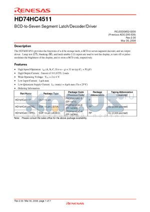 HD74HC4511RPEL datasheet - BCD-to-Seven Segment Latch/Decoder/Driver