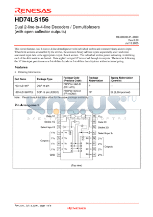 HD74LS156P datasheet - Dual 2-line-to-4-line Decoders / Demultiplexers (with open collector outputs)