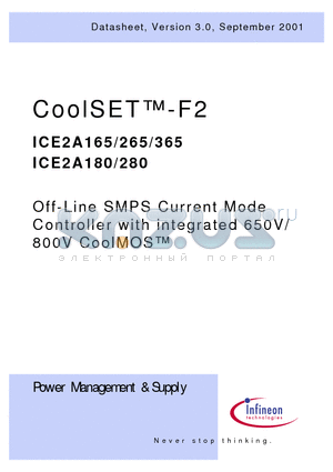 ICE2A265 datasheet - Off-Line SMPS Current Mode Controller with integrated 650V/800V CoolMOS