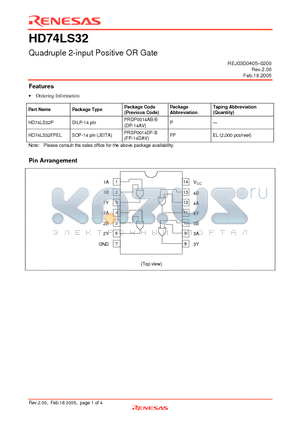 HD74LS32FPEL datasheet - Quadruple 2-input Positive OR Gate