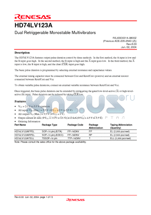 HD74LV123A datasheet - Dual Retriggerable Monostable Multivibrators