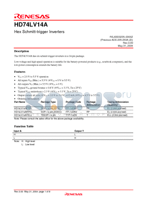 HD74LV14ARPEL datasheet - Hex Schmitt-trigger Inverters