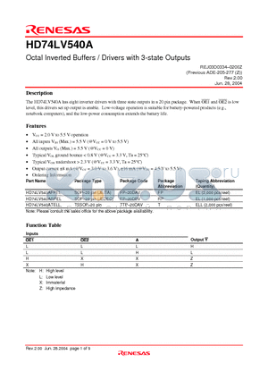 HD74LV540ATELL datasheet - Octal Inverted Buffers / Drivers with 3-state Outputs