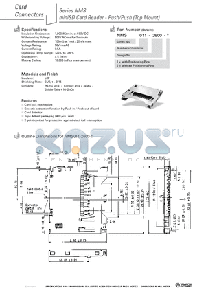 NMS011-2600-1 datasheet - miniSD Card Reader - Push/Push (Top Mount)