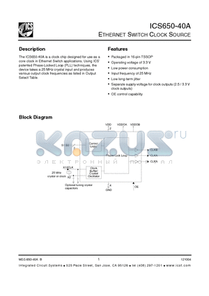 ICS650G-40AT datasheet - ETHERNET SWITCH CLOCK SOURCE