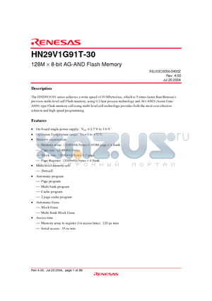 HN29V1G91T-30 datasheet - 128M X 8-bit AG-AND Flash Memory