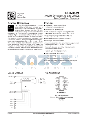 ICS8735AM-21 datasheet - 700MHZ, DIFFERENTIAL-TO-3.3V LVPECL ZERO DELAY CLOCK GENERATOR