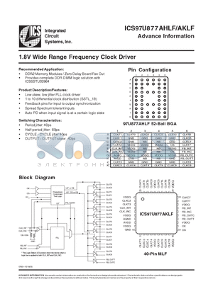 ICS97U877AKLF datasheet - 1.8V Wide Range Frequency Clock Driver