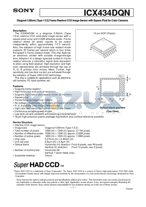 ICX434DQN datasheet - Diagonal 5.68mm (Type 1/3.2) Frame Readout CCD Image Sensor with Square Pixel for Color Cameras