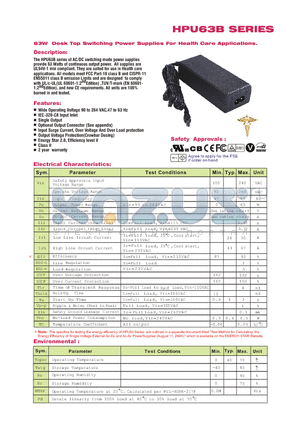 HPU63B-105 datasheet - 63W Desk Top Swithching Power Supplies For health Care Applications