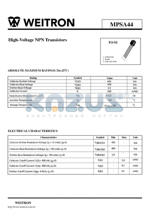 MPSA44 datasheet - High-Voltage NPN Transistors