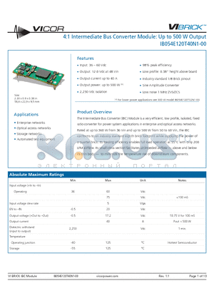 IB054E120T40N2-00 datasheet - 4:1 Intermediate Bus Converter Module: Up to 500 W Output