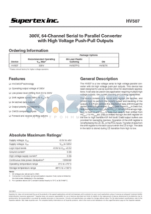 HV507 datasheet - 300V, 64-Channel Serial to Parallel Converter with High Voltage Push-Pull Outputs