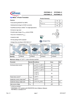 IPD075N03LG_10 datasheet - OptiMOS3 Power-Transistor