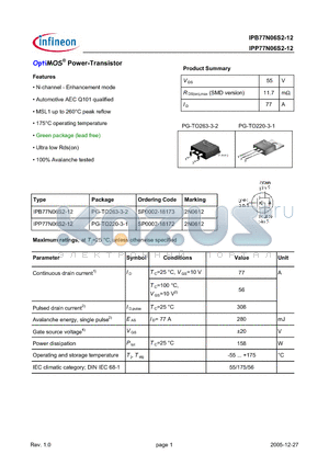 IPP77N06S2-12 datasheet - OptiMOS Power-Transistor