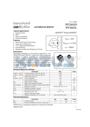 IRF2805S datasheet - AUTOMOTIVE MOSFET