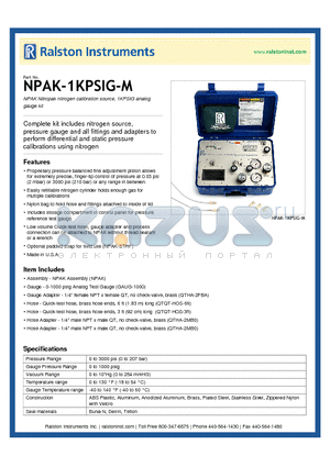 NPAK-1KPSIG-M datasheet - NPAK Nitropak nitrogen calibration source, 1KPSIG analog gauge kit