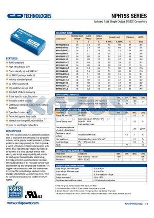 NPH15S4803XXX datasheet - Isolated 15W Single Output DC/DC Converters