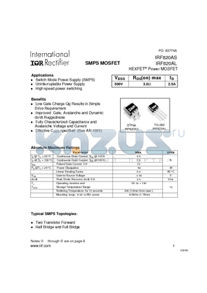 IRF820AS datasheet - Power MOSFET(Vdss=500V, Rds(on)max=3.0ohm, Id=2.5A)