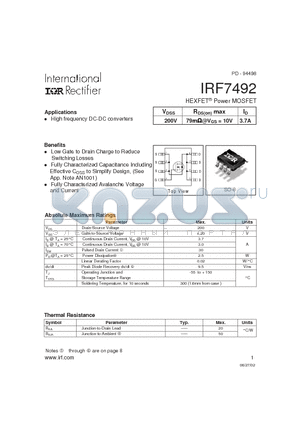 IRF7492 datasheet - HEXFET Power MOSFET